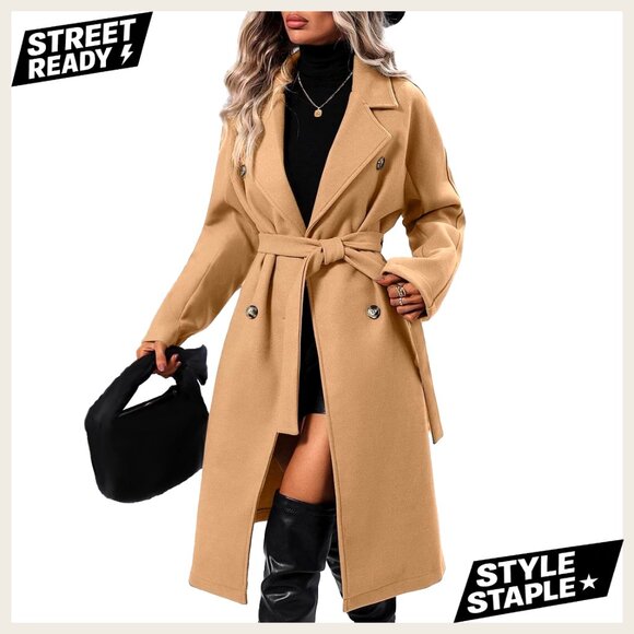 Women's Wool Blend Trench Coat Double Breasted Belted Below Knee Length